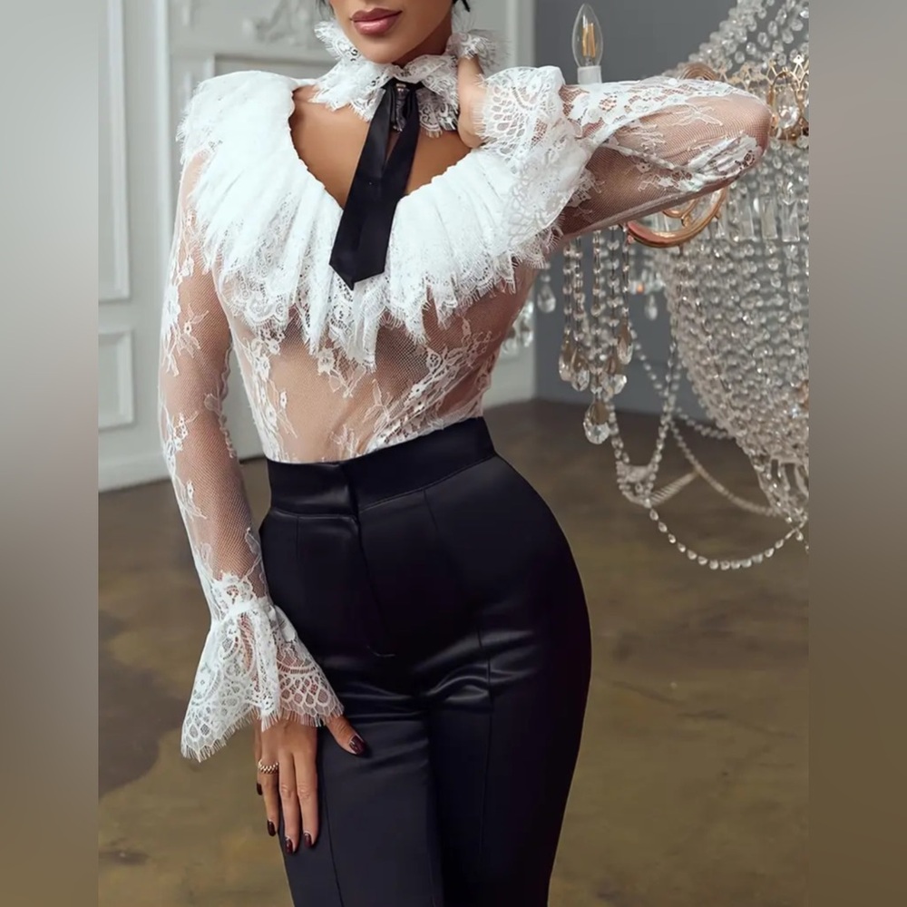 Plus Size Elegant Lace Blouse with Ruffled Sleeves /Tie Neck – Black & White Top